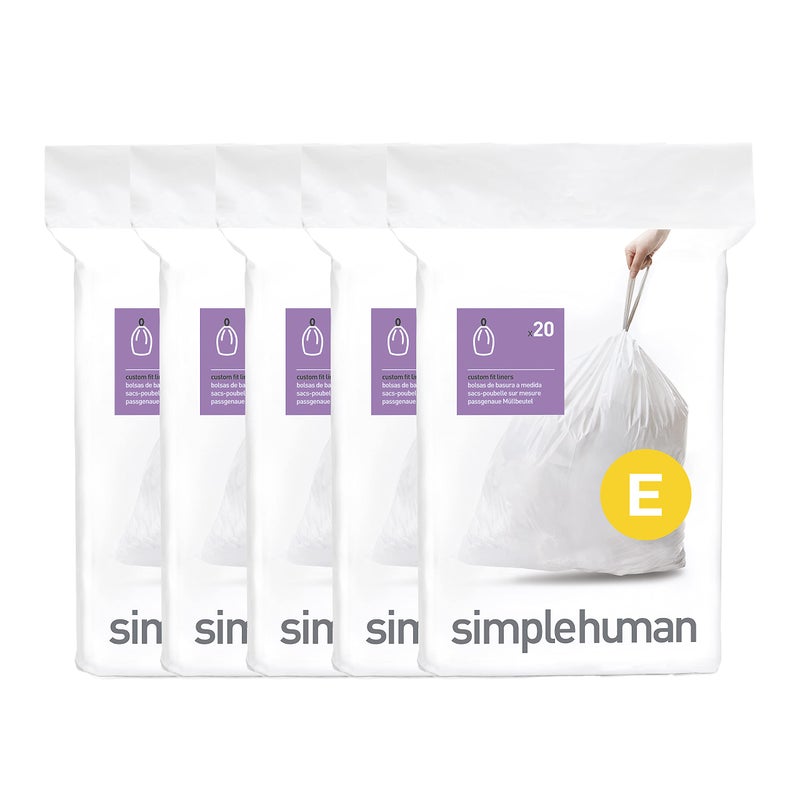 simplehuman Code E 100 Count, Dispenser Pack Custom Fit Liners, Drawstring Trash Bags, 20 Liter / 5.3 Gallon, White - Image 1